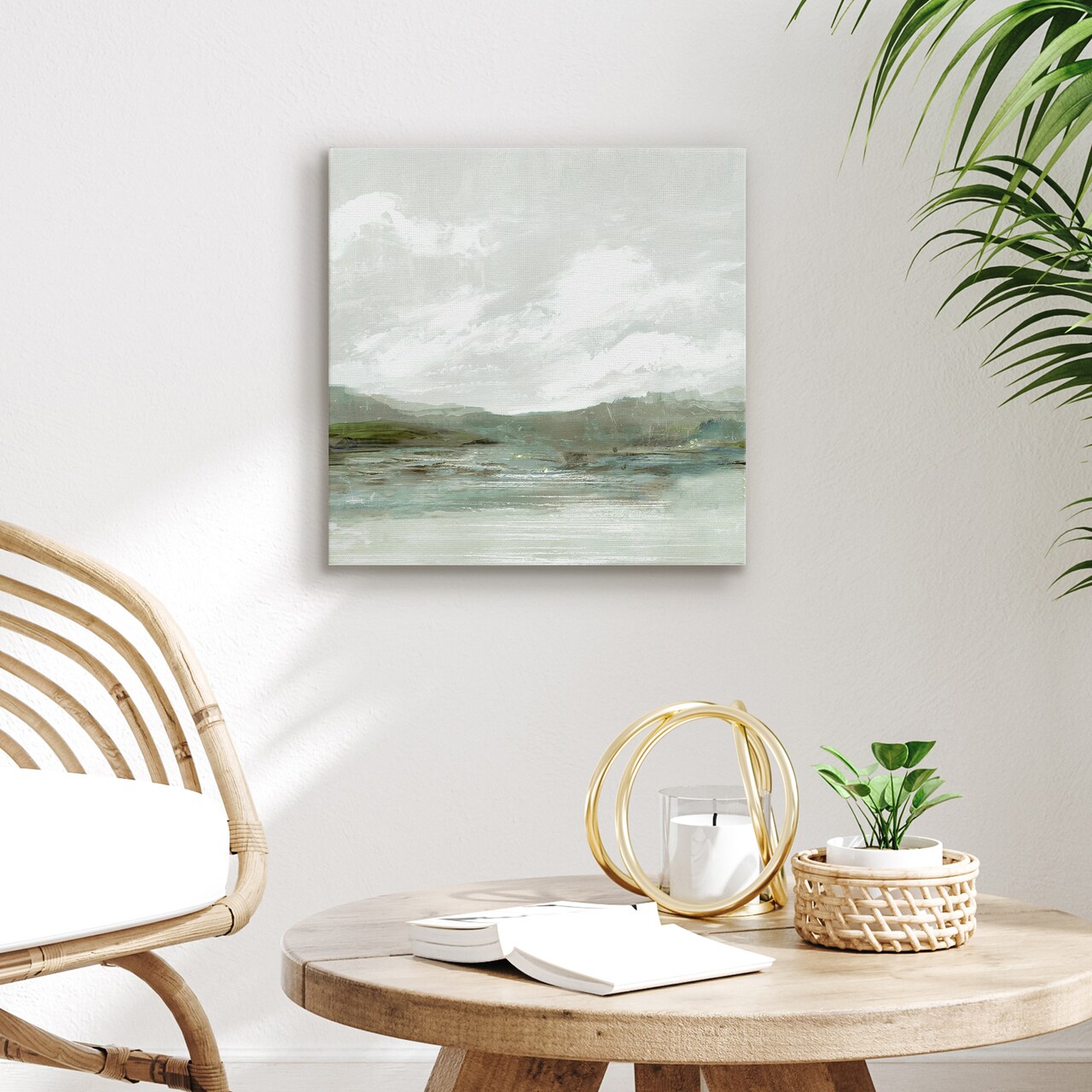 Americanflat Canvas Wall Art Featuring Green Hills, Blue Water and White Sky with Hand-Painted Accents - Gallery Wrap - Landscape Wall Art